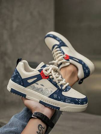 Herrmode Graffiti Slumpmässigt Tryck Snörning Casual Skateskor, Personliga Patchwork Utomhus Casual Atletiska Sneakers, Parskor