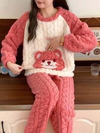 2 st damer flanell långärmad topp och långa byxor tjockare fluffig pyjamaset med fickor, varma och avslappnade vinterkläder, tvådelat set, höstvinterkläder, mysiga