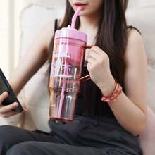 Miniso Vaso de plástico de la colección Stitch de 1250 ml con pajita y asa, regalo de Ramadán para la temporada de apertura escolar (rosa) - Rosa - Ver 5