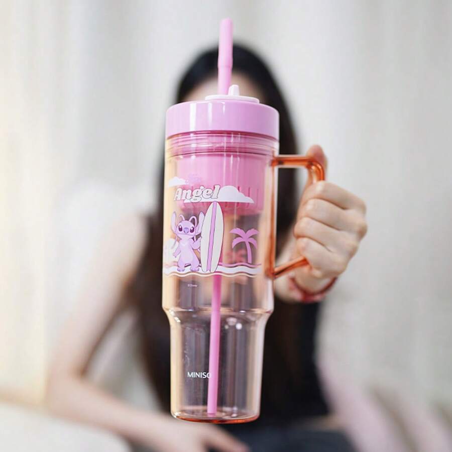 Miniso Vaso de plástico de la colección Stitch de 1250 ml con pajita y asa, regalo de Ramadán para la temporada de apertura escolar (rosa)