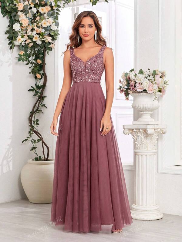 Paillettenbesetztes Tüllkleid für den Frühling, Abendbekleidung für Frauen, Abendroben für Damen, geeignet für Hochzeitsanlässe