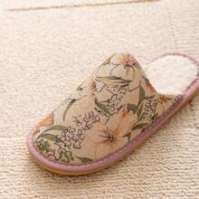 Women's Floral Printed Fabric Warm House Slippers, Non-Slip Soft Bottom Indoor Slippers, Autumn/Winter