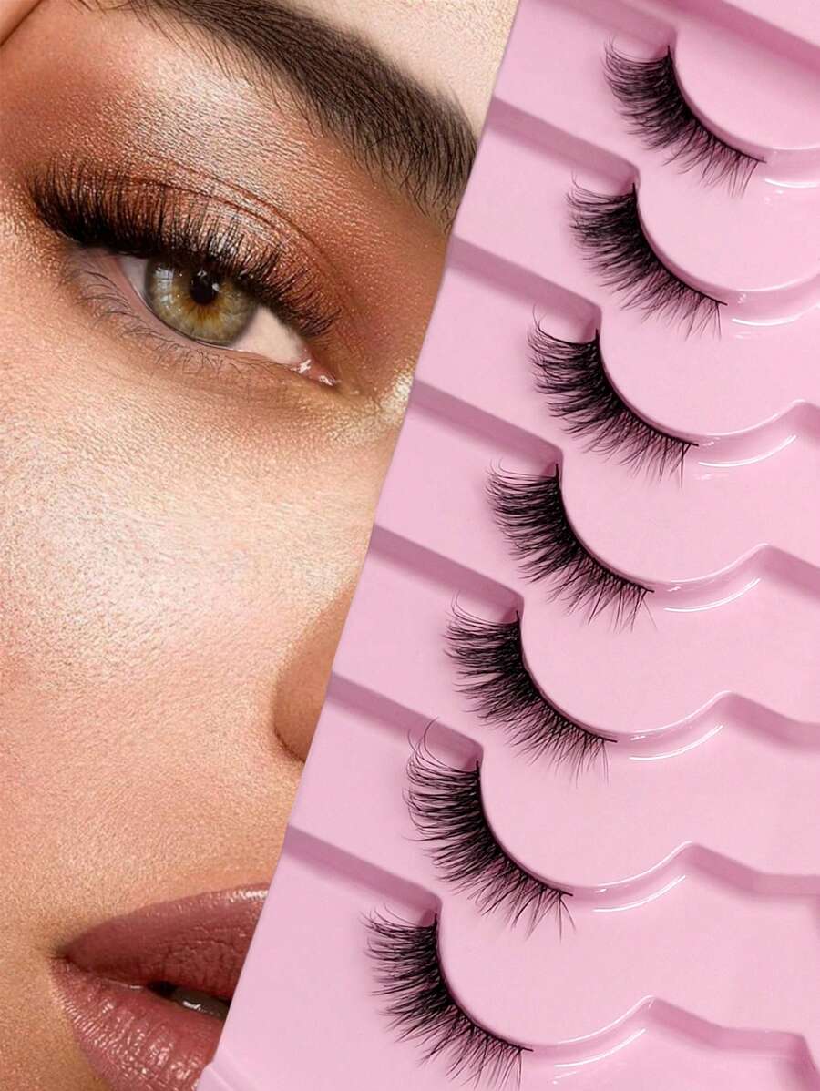 Rikuaild 7 Pairs Half-Cut False Eyelashes, Soft & Natural Cat Eye Fake Lashes, Makeup Tools, Thin Black Band Eyelash Extensions - Natural Lashes - View 1