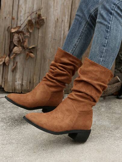 Women's Mid-Calf Boots Autumn/Winter Vintage Style Chunky Heel Mid-Calf Boots With TPR Sole, Solid Color Casual Short Boots With Fluffy