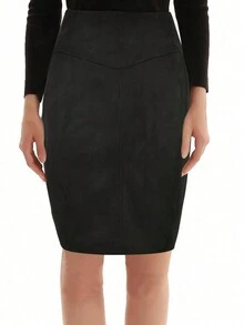 Women Suede High Waist Wrap Fitted Knee-Length Skirt, Business Casual Pencil Skirt - Black - View 3