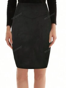 Women Suede High Waist Wrap Fitted Knee-Length Skirt, Business Casual Pencil Skirt