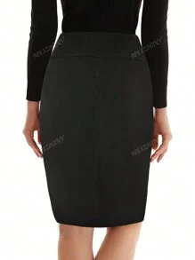Women Suede High Waist Wrap Fitted Knee-Length Skirt, Business Casual Pencil Skirt