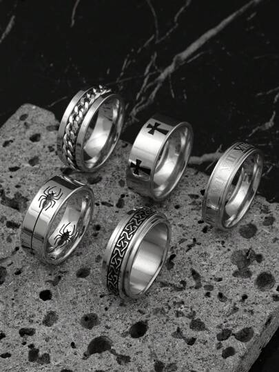 5/7 Pieces Stylish Stainless Steel Cross Spider Text Roman Characters Decorative Elements Men'S Ring Set Suitable For Men And Women Daily Matching Use Holiday Jewellery Dating Engagement Wedding Gift Jewellery