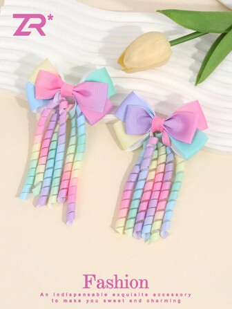 2pcs Rainbow Ombre Bowknot Hair Clips, Sweet & Cute With Long Tails, Suitable For Girls, Daily Wear Hair Accessories, School Supplies