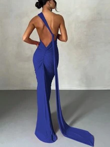 女士性感纯色不对称领口露背鱼尾紧身连衣裙，夏季 - 藍色 - 查看 5