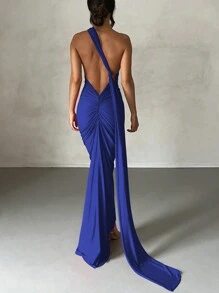 女士性感纯色不对称领口露背鱼尾紧身连衣裙，夏季 - 藍色 - 查看 3