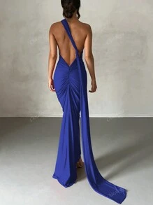 Vestido ajustado de unicolor, cuello asimétrico, espalda descubierta, cola de sirena, para mujer, para el verano