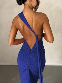 Vestido ajustado de unicolor, cuello asimétrico, espalda descubierta, cola de sirena, para mujer, para el verano