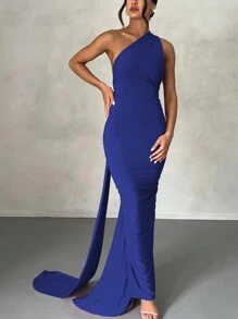 女士性感纯色不对称领口露背鱼尾紧身连衣裙，夏季 - 藍色 - 查看 2