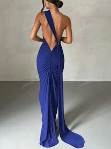 Vestido ajustado de unicolor, cuello asimétrico, espalda descubierta, cola de sirena, para mujer, para el verano
