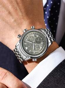 POEDAGAR 1件男士时尚石英表，不锈钢多功能日期计时防水夜光指针腕表，适合商务场合