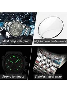 POEDAGAR 1件男士时尚石英表，不锈钢多功能日期计时防水夜光指针腕表，适合商务场合