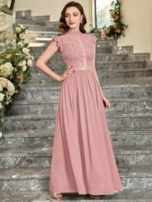 MIUSOL Mock Neck Floral Lace Scallop Trim Chiffon Formal Party Maxi Dress, Elegant Party Dress For Women, Formal Evening Gown, Prom Dress, For Wedding Guest, Graduation, Dinner - Dusty Pink - View 4