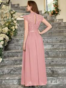 MIUSOL Mock Neck Floral Lace Scallop Trim Chiffon Formal Party Maxi Dress, Elegant Party Dress For Women, Formal Evening Gown, Prom Dress, For Wedding Guest, Graduation, Dinner - Dusty Pink - View 3