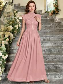 MIUSOL Mock Neck Floral Lace Scallop Trim Chiffon Formal Party Maxi Dress, Elegant Party Dress For Women, Formal Evening Gown, Prom Dress, For Wedding Guest, Graduation, Dinner - Dusty Pink - View 2