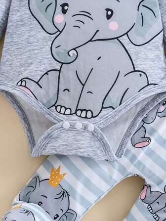 3 件套新生男婴服装套装，大象印花连体衣，蓝色条纹裤，创意尖顶帽，儿童秋冬礼物