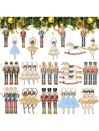 Tree Wooden Pendants, Pendants With Ballet Dancers, Nutcracker Soldiers And Horse Patterns, With A Bundle Of Lanyards, Suitable For Tree Top Ornaments, Party Decorations, DIY Creative Gifts Birthday