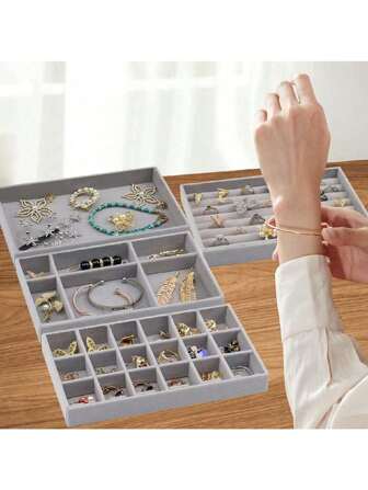 4 件装可堆叠抽屉珠宝托盘，天鹅绒珠宝收纳整理器抽屉插件，梳妆台堆叠展示配件