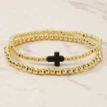 2-4pcs Minimalist Classic Gold-Plated Gold Bead Copper Bead Natural Black And White Semi Precious Stone Cross Bead Enewton Inspired Women's Bracelet, Lucky Bracelet, Couple Bracelet, Thanksgiving Gift, Friend Gift - Semi-precious Stone Cross Bracelet - View 5