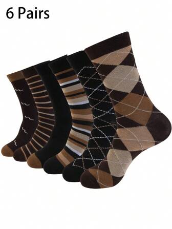 6 Pairs Men's Argyle Patchwork Thin Casual Business Mid-Calf Socks, Minimalist British Style