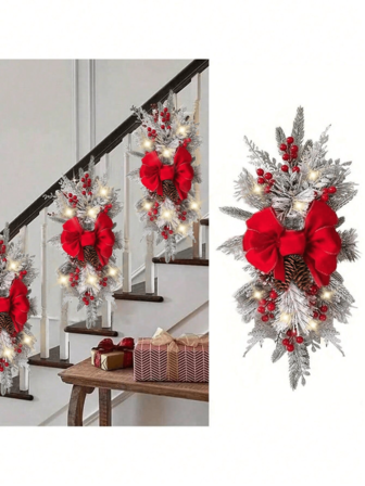 1pc Artificial Christmas Teardrop Christmas Garland (Lights And Garland Separate) With Red Bow And Lights, Artificial Braided Christmas Large Garland Ornaments, Front Door Decoration, Outdoor Decoration, Porch Decoration, Scene Decoration, Home Decoration, Christmas Decoration Supplies, Holiday Decoration Supplies