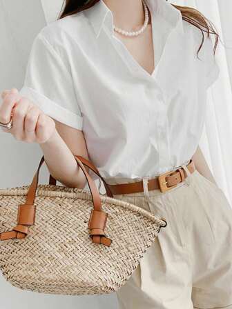 女生时尚通勤优雅百搭简约宽松修身短袖 Polo 领衬衫