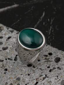 1 Chiếc Nhẫn Thép Không Gỉ Hình Bầu Dục Thời Trang Đính Đá Quý Cho Nam Nhẫn Đơn Phù Hợp Sử Dụng Hàng Ngày Nhẫn Đính Hôn Hẹn Hò Trang Sức Quà Tặng - chiếc nhẫn màu ngọc lam - Xem 2