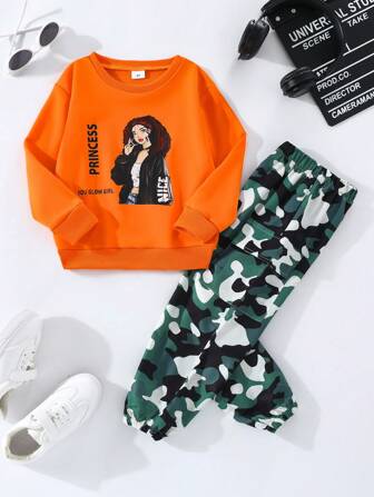 2 piezas Conjunto de sudadera estampada y pantalón cargo de camuflaje para niña, conjunto de moda