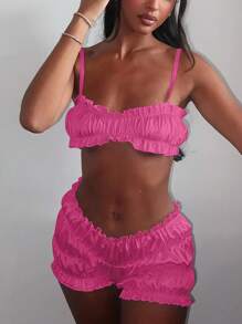 Ruffle Pleated 2 Pieces Set Crop Top With Shorts Outftis In White - Hot Pink - View 2
