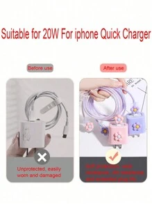 Compatible con cable de datos de 20W para iPhone, funda protectora con cargador de carga rápida, funda protectora con protector de cable con flores frescas y sencillas, protector de cargador