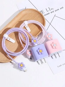 Compatible con cable de datos de 20W para iPhone, funda protectora con cargador de carga rápida, funda protectora con protector de cable con flores frescas y sencillas, protector de cargador
