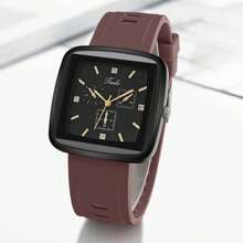 1 件男女款休闲方形棕色硅胶表带石英腕表，时尚商务风格手表，男女皆宜 - 棕色 - 查看 2