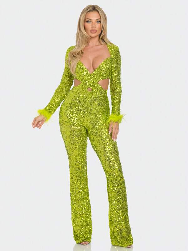 Sparkling Sequin-Embellished Cut-Out Green Jumpsuit, Long Sleeves And Deep V-Shaped High-Waisted Trousers, Autumn/Winter 2024, Perfect For Party Dressing