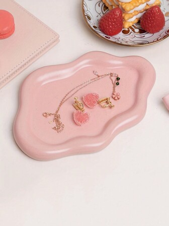 1pc Pink Cloud Jewelry Tray, Asymmetrical Ceramic Plate, Simple Cloud Shaped Snack Dessert Plate, Cute White Ceramic Trinket Tray