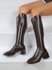 女式中筒方头拼接粗跟拉链靴，皮革鞋筒时尚马靴 - 咖啡棕 - 查看 6