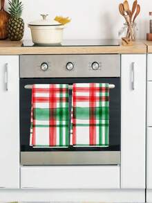2 件圣诞快乐厨房毛巾红色和绿色水彩水牛格子洗碗巾厨房洗碗茶巾 15.7X23.6 英寸 - 紅色 - 查看 3