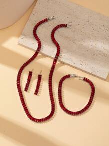 3pcs/Set Cubic Zirconia Studded Red Necklace, Bracelet, And Earrings Set, Suitable For Women Daily Wear Or Party, Gifting - Red - View 2