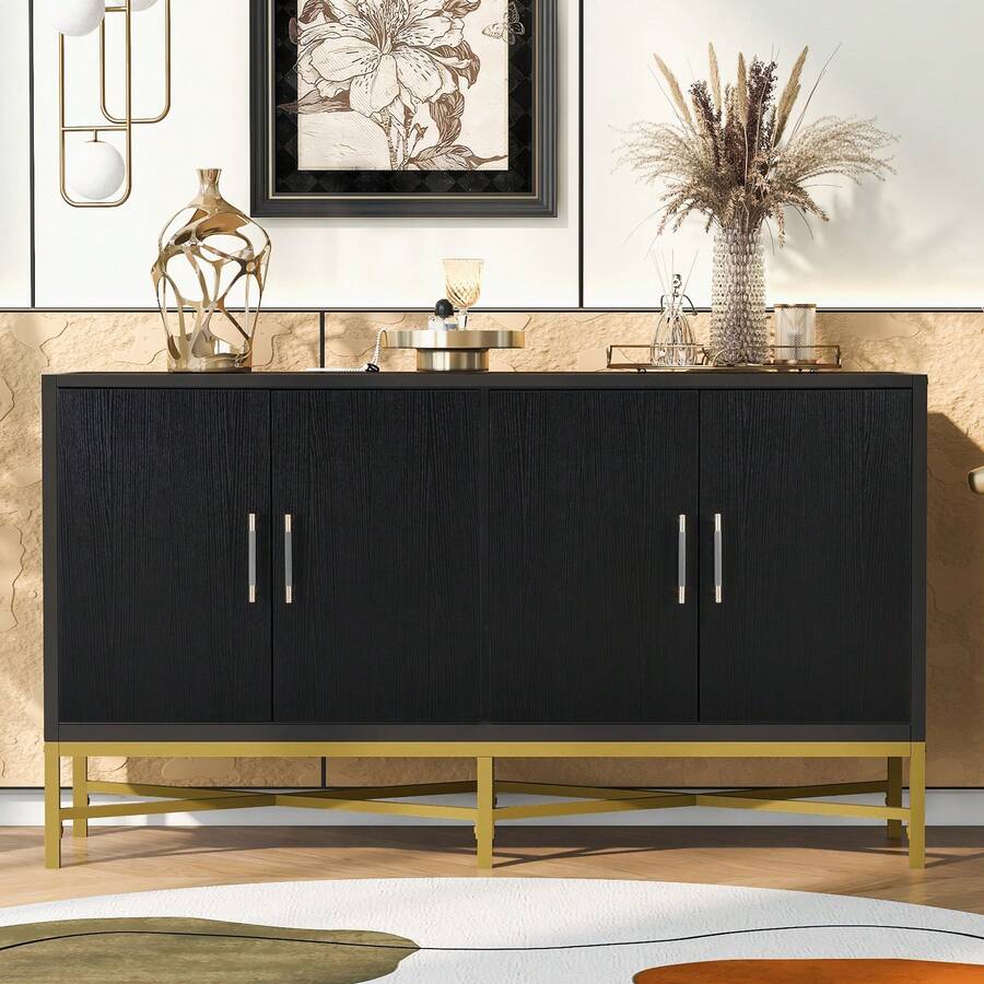 Four-Door Sideboard With Metal And Cross-Leg Design, Modern Storage Cabinet For Living Room, Entryway, And Study - 黑色 - 查看 1