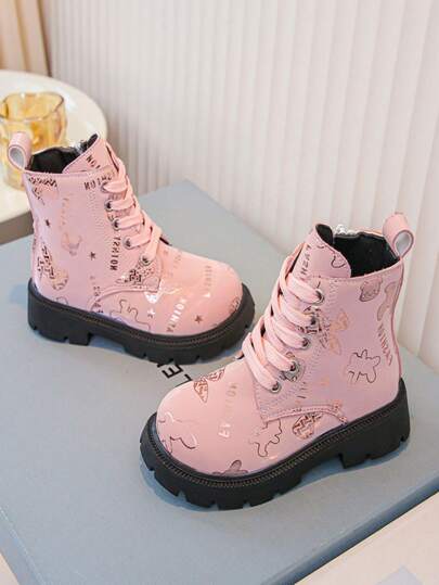 Girls' Shiny Pink Heart Pattern Boots, Comfortable Anti-Skid Outdoor Casual Party  Boots