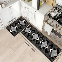 1pc/2pcs Elegant Black Diamond Shape Golden Rim Long Rug/Rug Set, 2pcs, Stain & Dust Resistant, Washable, Suitable For Home, Room, Hallway, Entryway, Bedroom, Living Room, Kitchen, Laundry Room Decoration