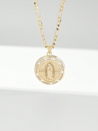 1pc European Style 14K Gold Plated Copper Inlaid CZ Virgin Mary Pendant Necklace, Suitable For Mothers, Lovers, Girlfriends, Friends As Gifts, Daily And Festival Wear, Prayer