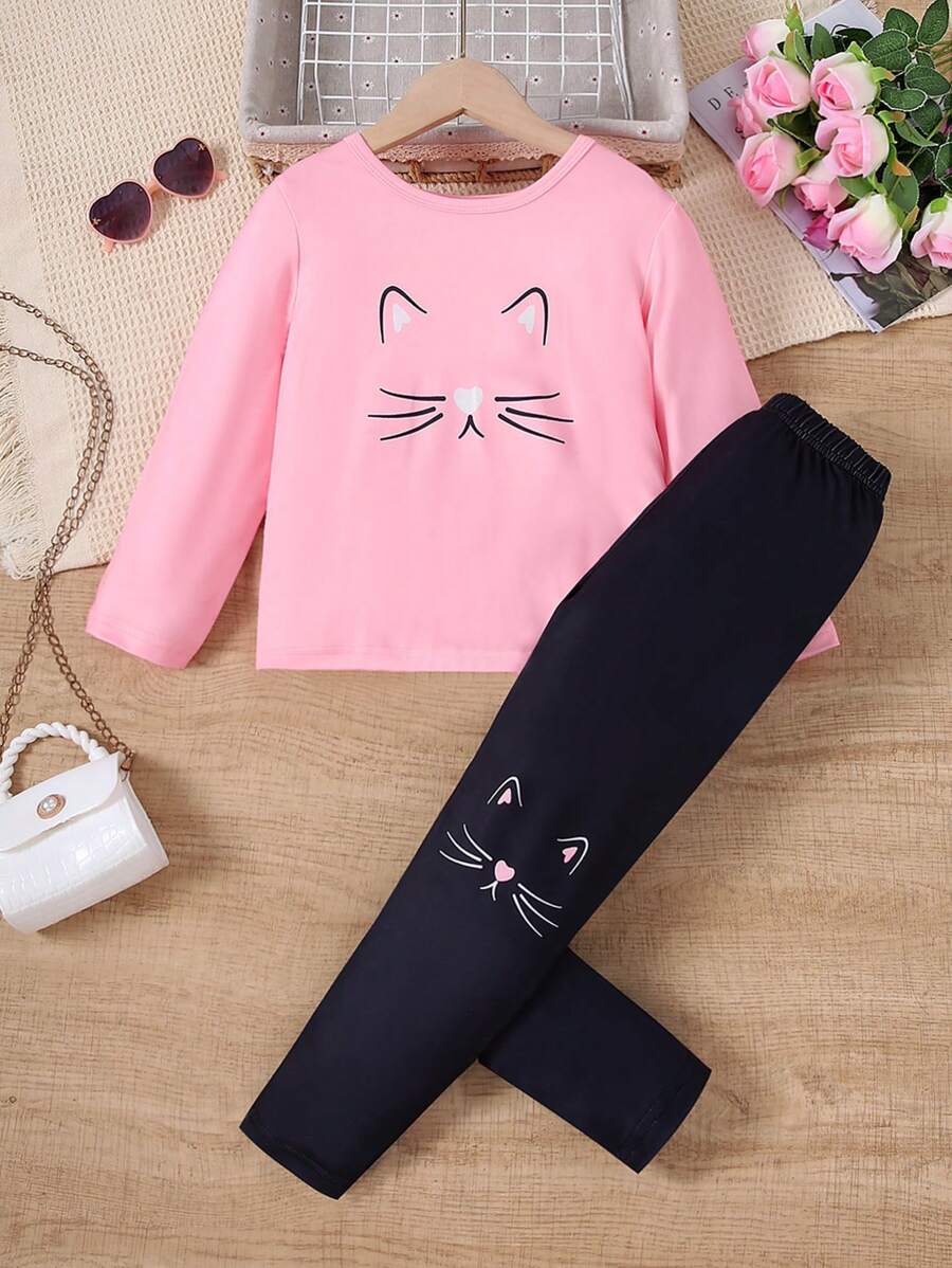 年轻女孩秋季可爱猫咪印花长袖 T 恤套装 - 彩色 - 查看 1