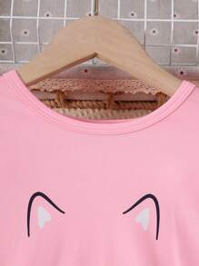 年轻女孩秋季可爱猫咪印花长袖 T 恤套装 - 彩色 - 查看 3