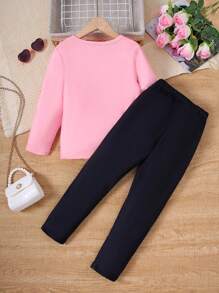 年轻女孩秋季可爱猫咪印花长袖 T 恤套装 - 彩色 - 查看 2