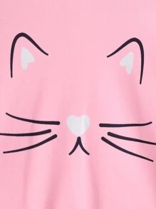 年轻女孩秋季可爱猫咪印花长袖 T 恤套装 - 彩色 - 查看 4